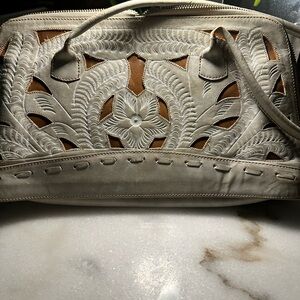 Handcrafted White Leather Shoulder Bag with Tan Inlay